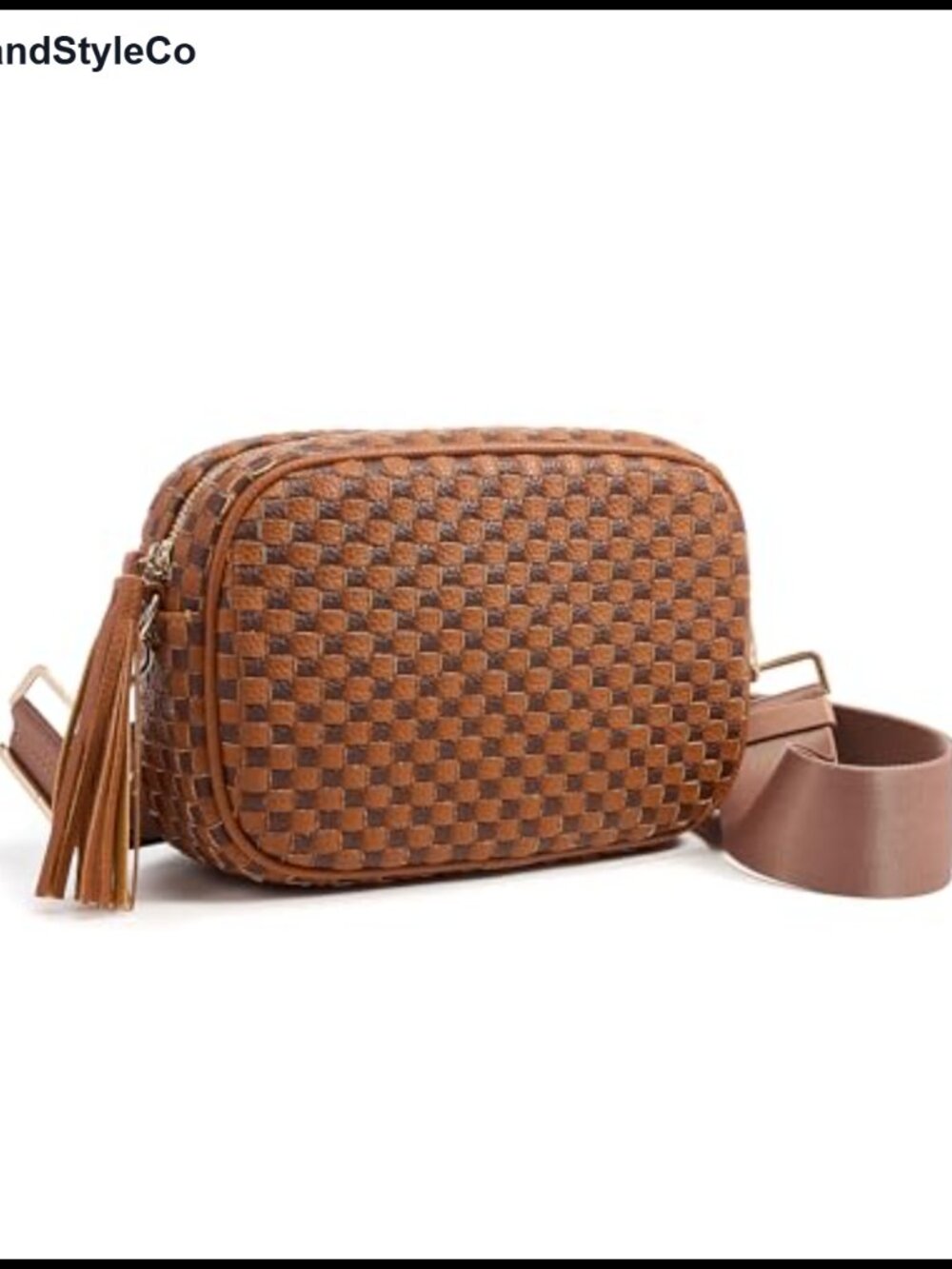 PU Leather Checkered Crossbody Bag Tassel Rose Gold Hardware Adjustable Strap